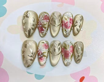 hand painted flower cat eye Press On Nails: Japanese Style nails