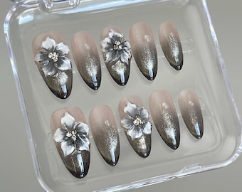 3d flower glitter cat eye Press On Nails:  Hand Painted custom nails