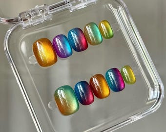 Rainbow Cat Eye Multi-Color Press On Nails | Y2K Design | Custom Handmade Nails