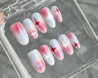 赤と青のプレスオンネイル｜手作りツートンカラージェルネイルセット