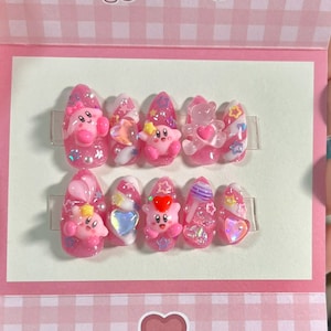 kirby y2k nails/ sanrio Nails /custom press on nails/ hand made Press on Nails/Faux Acrylic Nails/ Gel Nails/Press on Nails