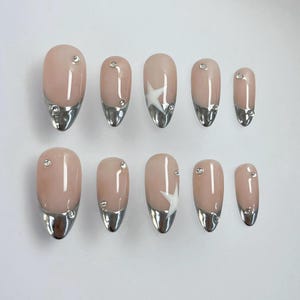 Silver French Star Press On Nails: Handmade Faux Acrylic Gel Nails