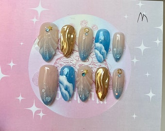 Ongles à presser Ocean Vibe : faux ongles en gel acrylique peints à la main