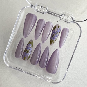 hand painted flower purple cat eye nails/ custom press on nails/ hand made Press on Nails/Faux Acrylic Nails/ Gel Nails/Press on Nails