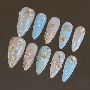 3d sea shell nail/ custom press on nails/ hand made Press on Nails/Faux Acrylic Nails/ Gel Nails/Press on Nails