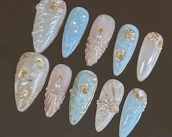 3D Sea Shell Press On Nails: Custom Faux Acrylic Gel Nails
