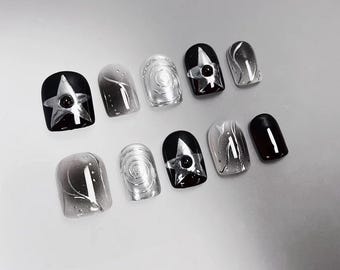 Silver Star Y2K Press On Nails: Hand Painted Faux Acrylic Nails