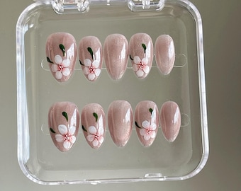 Hand Painted Flower Cat Eye Press On Nails