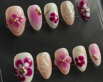 pink 3d flora nails / hand painted nail /custom press on nails/ hand made Press on Nails/Faux Acrylic Nails/ y2k Nail