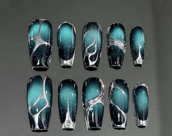 Silver Glitter Cat Eye Press On Nails: Handmade Faux Acrylic Gel Nails