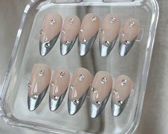 Silver French Tip Press On Nails: Custom Gel Faux Acrylic Nails