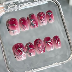 Silver Chrome Y2K Press On Nails: Pink Ombre Faux Acrylics