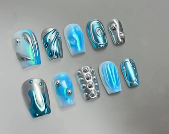 3D Blue Chrome Press On Nails: Y2K Handmade Faux Acrylic Nails