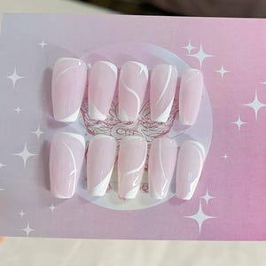Abstract White Liner Press On Nails: Custom Gel Faux Acrylic Nails