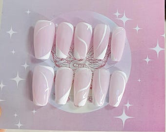 Abstract White Liner Press On Nails: Custom Gel Faux Acrylic Nails