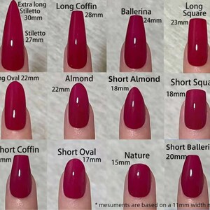 May include: A chart showing different nail shapes and lengths, including extra long stiletto, stiletto, long coffin, ballerina, long square, long oval, almond, short almond, short square, short ballerina, short coffin, short oval, and nature. The measurements are based on a 11mm width nail.