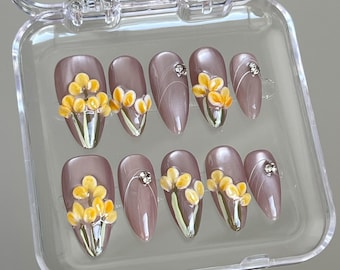 Paznokcie z nadrukiem 3D Flower Press On Nails: ręcznie robione, spersonalizowane paznokcie
