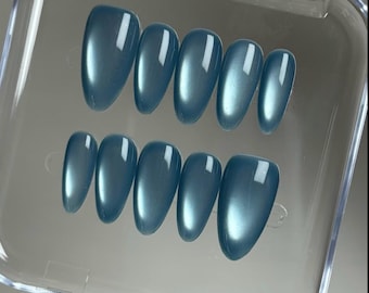 blue Cat Eye Press On Nails: Handmade custom Nails