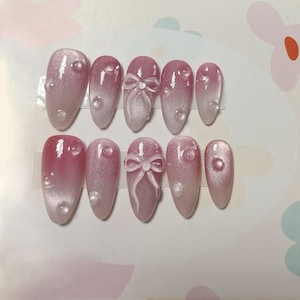 3D Bowknot Ombre Pink Press On Nails: Handmade Faux Acrylic Gel Nails