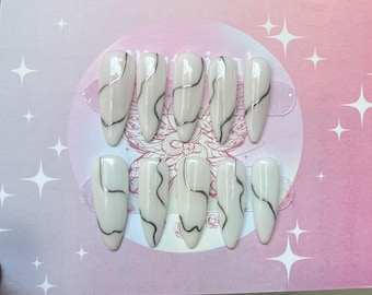 Handmade Milky White Press On Nails: Silver Line Faux Acrylic Nails