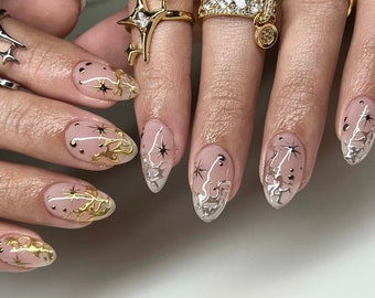 silver gold chrome graffiti hand painted nail custom press on nails/ hand made Press on Nails/Faux Acrylic Nails/ Gel Nails/Press on Nails
