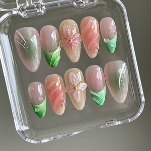 3D Flower French Press On Nails: Handmade Faux Acrylic Gel Nails