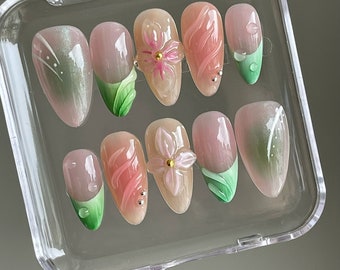3D Flower French Press On Nails: Handmade Faux Acrylic Gel Nails