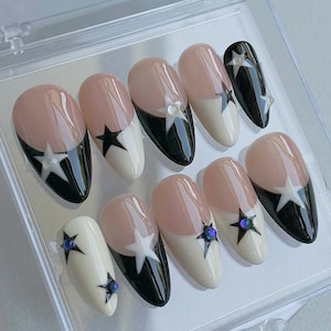 Black & White Star Press On Nails: Custom Gel Faux Acrylic Nails
