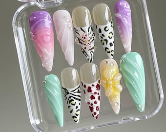 3D Summer Fairy Press On Nails: Custom Faux Acrylic Gel Nails