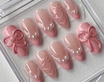 3d pink y2k bowknot nails / hand painted nail /custom press on nails/ hand made Press on Nails/Faux Acrylic Nails/ y2k Nail