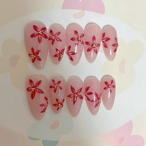 Pink Flower Press On Nails: Handmade Gel Faux Acrylic Nails