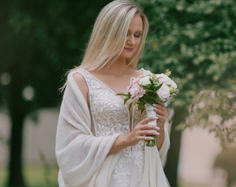 Wedding shawl ivory, fluffy, delicate, openwork bridal wrap, silk bolero,