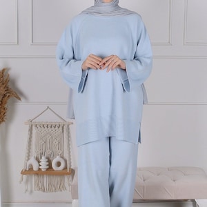 Damen Zweiteiler Mehrfarben Hose Kombi Set Hosenanzug Hijab Kleidung Ramadan Blau