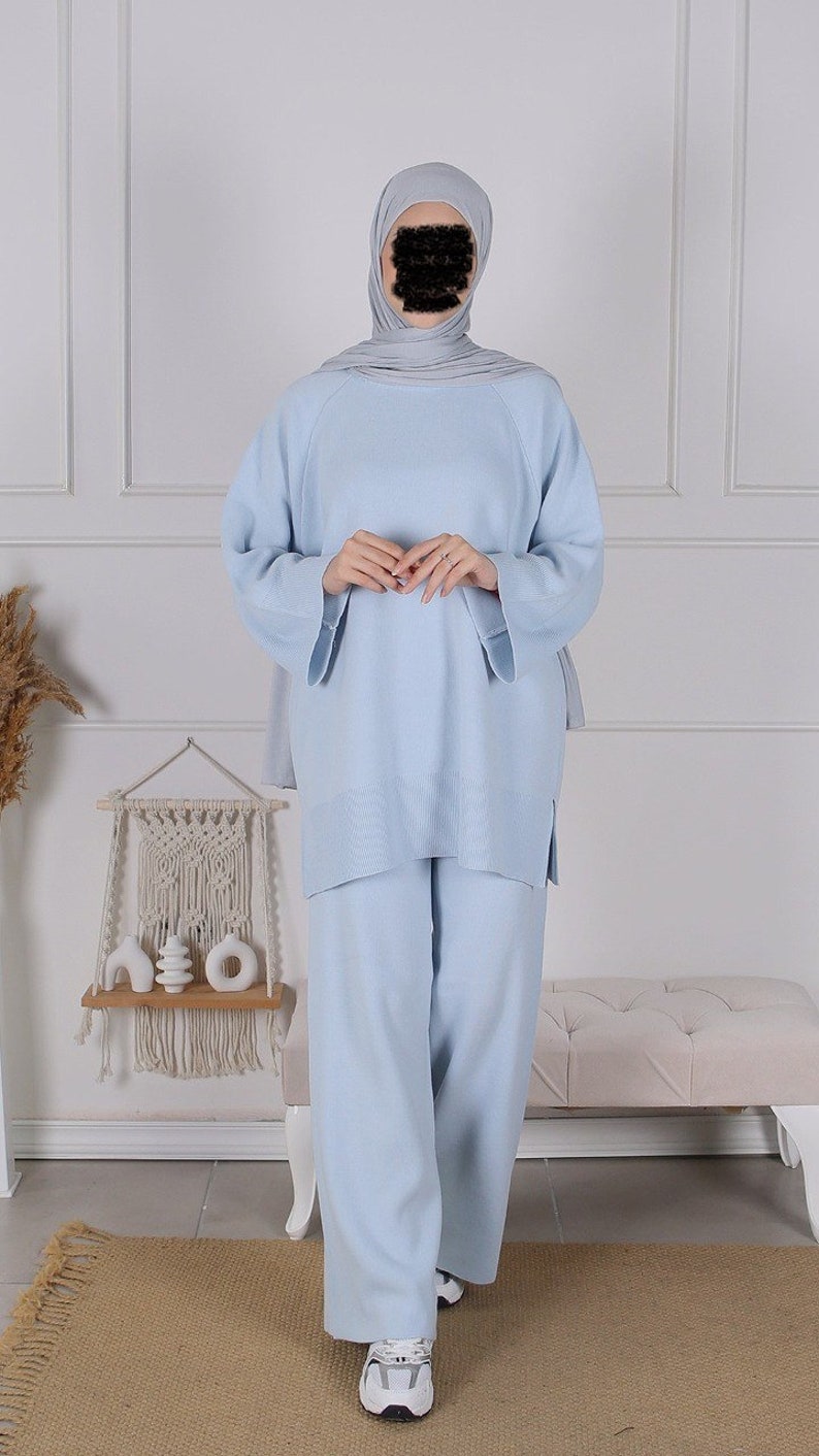 Damen Zweiteiler Mehrfarben Hose Kombi Set Hosenanzug Hijab Kleidung Ramadan Blau