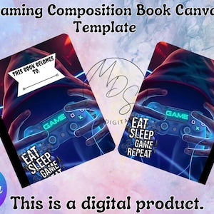 Könnte beinhalten: Gaming-Kompositionsbuch Canva-Vorlage mit blauem und schwarzem Design. Das Cover zeigt einen Gamer, der einen Controller mit den Worten "EAT SLEEP GAME REPEAT" hält. Enthält den Text "THIS BOOK BELONGS TO:" und "GAME".