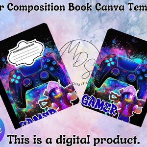 Peut inclure: Deux cahiers noirs sur le thème des joueurs. Chaque couverture présente un design vibrant avec une manette de jeu bleue, un fond de galaxie violet et rose, et un personnage avec le mot "GAMER". Le haut d'un cahier porte l'étiquette "COMPOSITION BOOK".