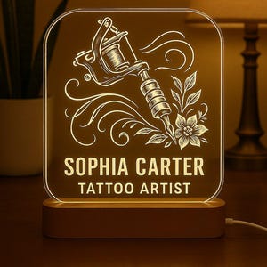 Tattoo Artist Custom Night Light | Personalized LED Gift with Laser Engraved Acrylic Plate and Wooden Base