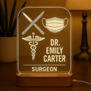 Surgeon Personalized Night Light | Custom LED Lamp with Laser Engraved Acrylic Design | Unique Gift for Doctors & Surgeons