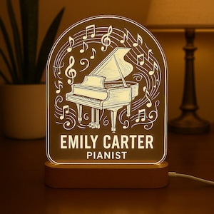 Pianist Custom Night Light | Personalized LED Gift with Laser Engraved Acrylic Design and Wooden Base