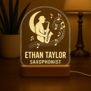 Saxophonist Custom Night Light | Personalized LED Gift with Laser Engraved Acrylic Design and Wooden Base