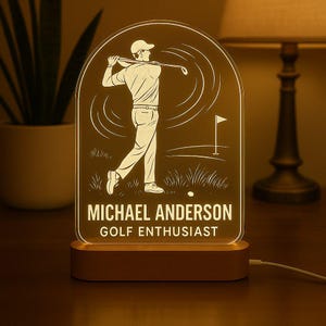 Golf Player Custom Night Light | Personalized Gift with Laser Engraved LED Design on Acrylic Plate and Wooden Base