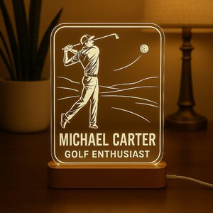 Golf Player Custom Night Light | Personalized LED Gift with Laser Engraved Acrylic Design & Wooden Base
