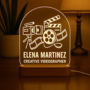 Videographer Custom Night Light | Personalized LED Lamp with Laser Engraved Acrylic Design and Wooden Base