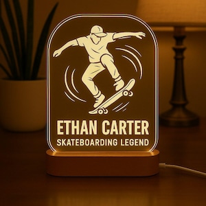 Skateboarder Custom Night Light | Personalized LED Gift with Laser Engraved Acrylic Plate, Wooden Base
