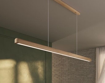 Oak linear pendant light for kitchen island and dining table, unique wood chandeliers RAINBOW
