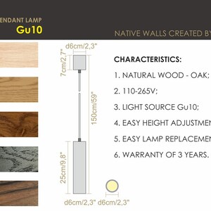 May include: Line pendant lamp with Gu10 light source, featuring a rectangular shade and a 59-inch drop. The lamp's dimensions are 9.8 inches in height and 2.3 inches in width. The image shows wood samples in white, natural, dark, black, and walnut.