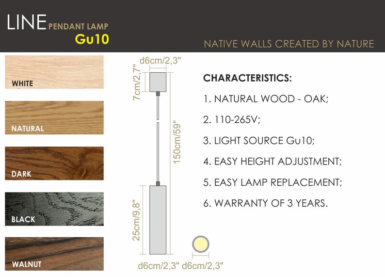 May include: Line pendant lamp with Gu10 light source, featuring a rectangular shade and a 59-inch drop. The lamp's dimensions are 9.8 inches in height and 2.3 inches in width. The image shows wood samples in white, natural, dark, black, and walnut.