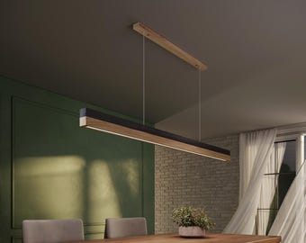 Oak linear chandelier, wood pendant light for kitchen island and dindng table ALUNA