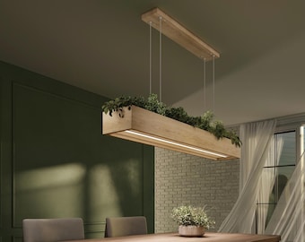 Oak Linear LED Chandelier with Plant Stand, Kitchen Island Lighting OASIS