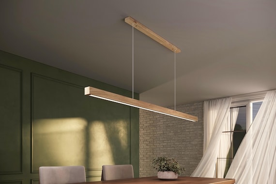 Oak linear pendant light for kitchen island and dining table AURA